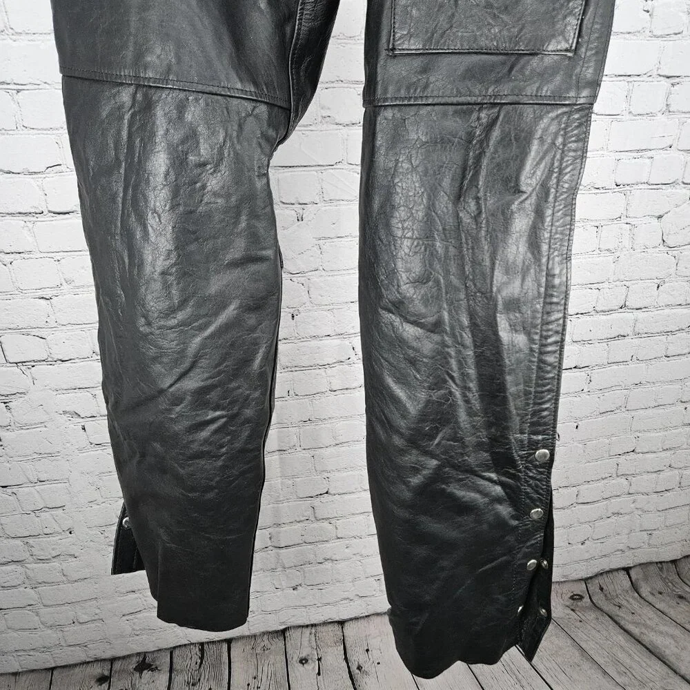 Interstate Leather Black Belted Zip Snap Motorcycle Gear Chaps Pants Size XL